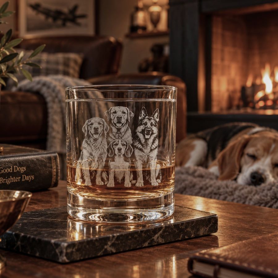 A clear glass rocks tumbler with an engraved group of dogs illustration sits on a dark stone coaster in a cozy living room setting with a fireplace and a sleeping beagle in the background.