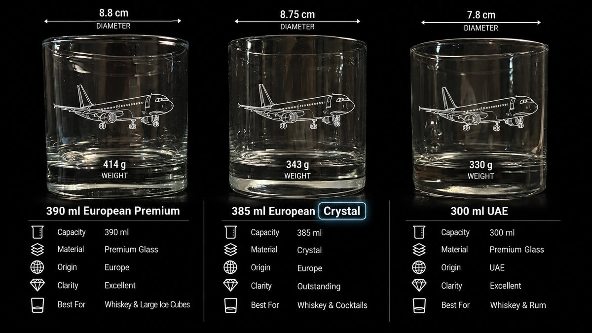 Three clear glass rocks tumblers with etched airplane graphics are shown side by side on a black background, each with size, weight, and feature callouts above and below. 