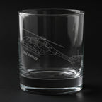 Clear glass tumbler with engraved helicopter design and 'HAL Dhruv' text on a black background