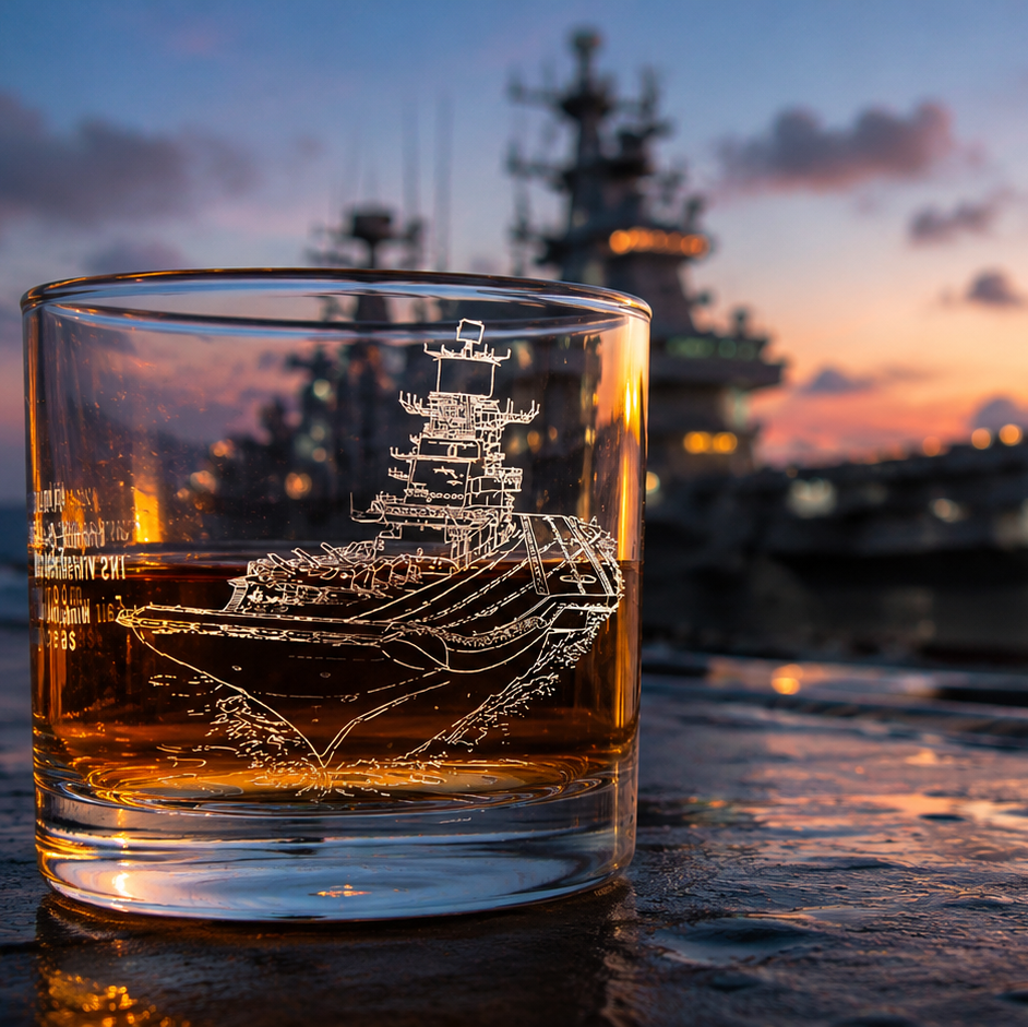 A clear rocks glass with an etched ship design, filled with amber whiskey, set on a wet dock with a blurred aircraft carrier and ocean at sunset in the background.