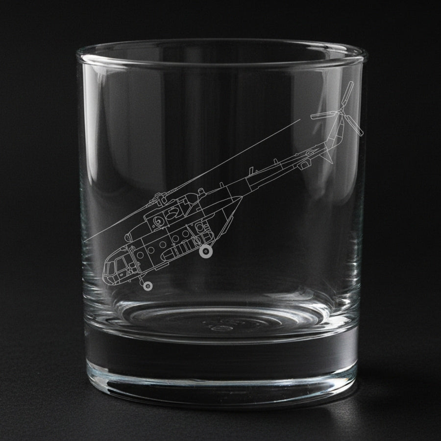 mi-17 helicopter engraved on a glass with a black background