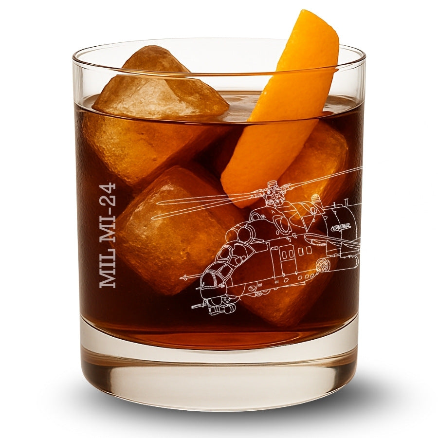 Glass of brown liquid with ice and an orange slice, featuring a helicopter design on the glass and the name  MIL MI-24