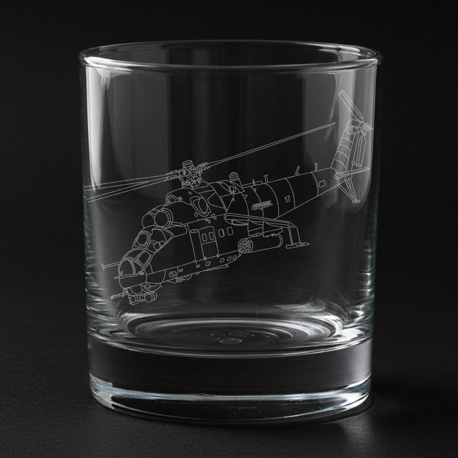 mi-24 aircraft engraved on a glass with a black background