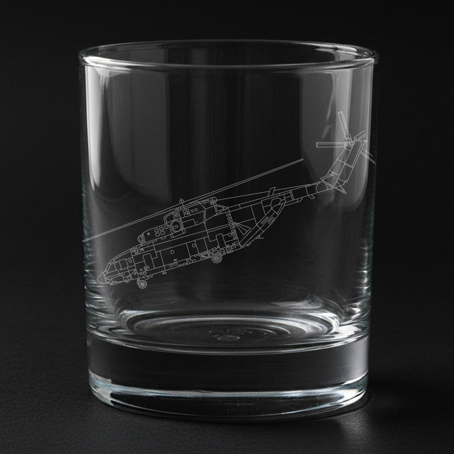 mi-26 aircraft engraved on a glass with a black background