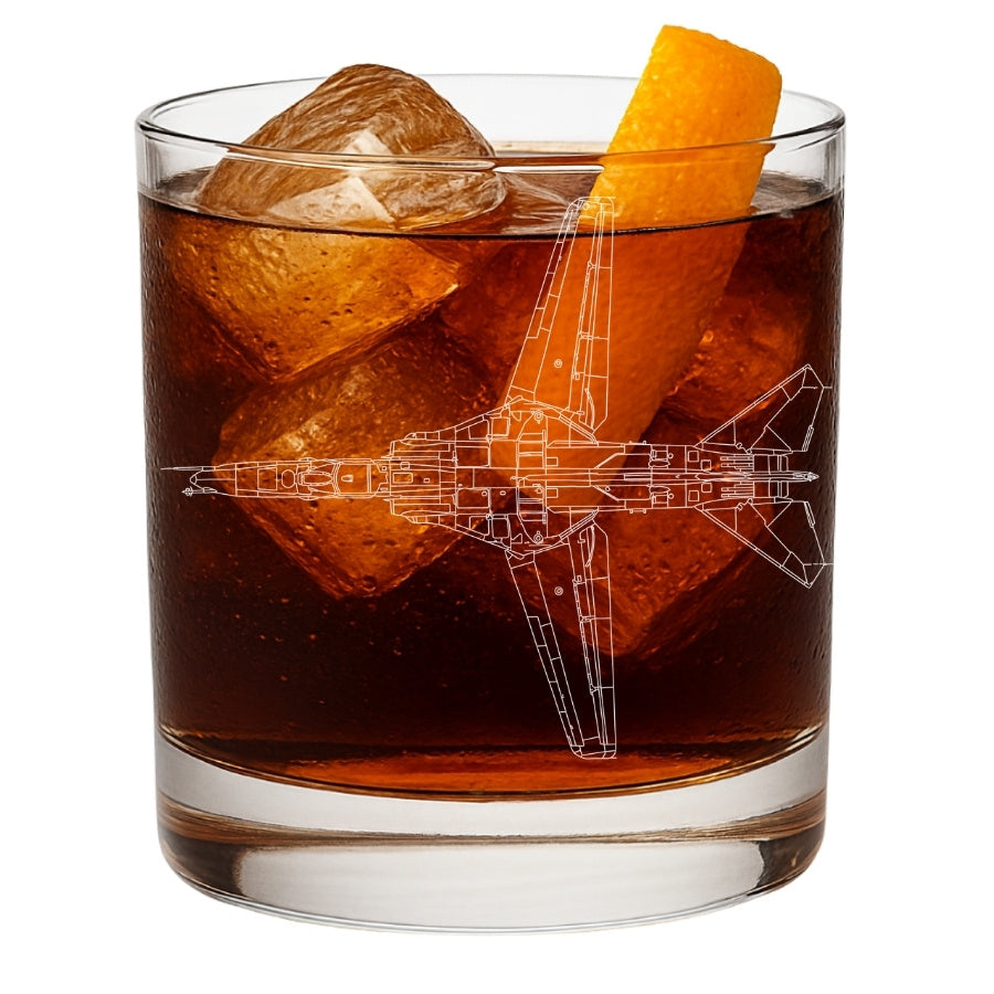 A Mig-27 aircraft etched on glass with a cocktail