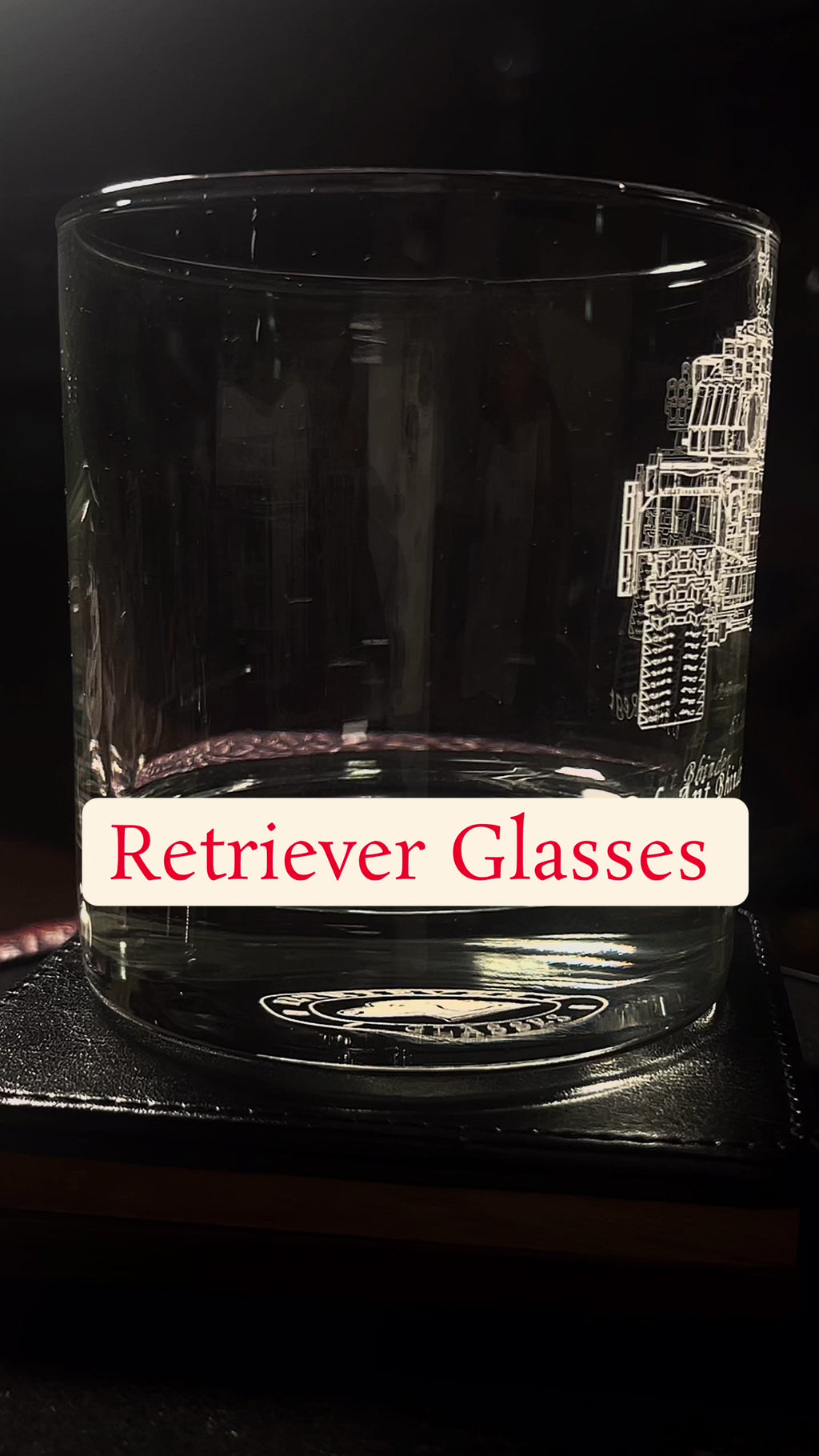 whiskey glass featuring an etched  T-72 tank on a rotating table.