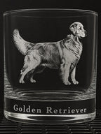 A clear glass rocks tumbler featuring an engraved profile illustration of a Golden Retriever and the text 'Golden Retriever' printed on the base, set against a dark background.