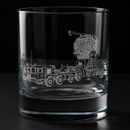 Clear glass tumbler with a detailed laser engraving of a s400 91n6e radar on a black background