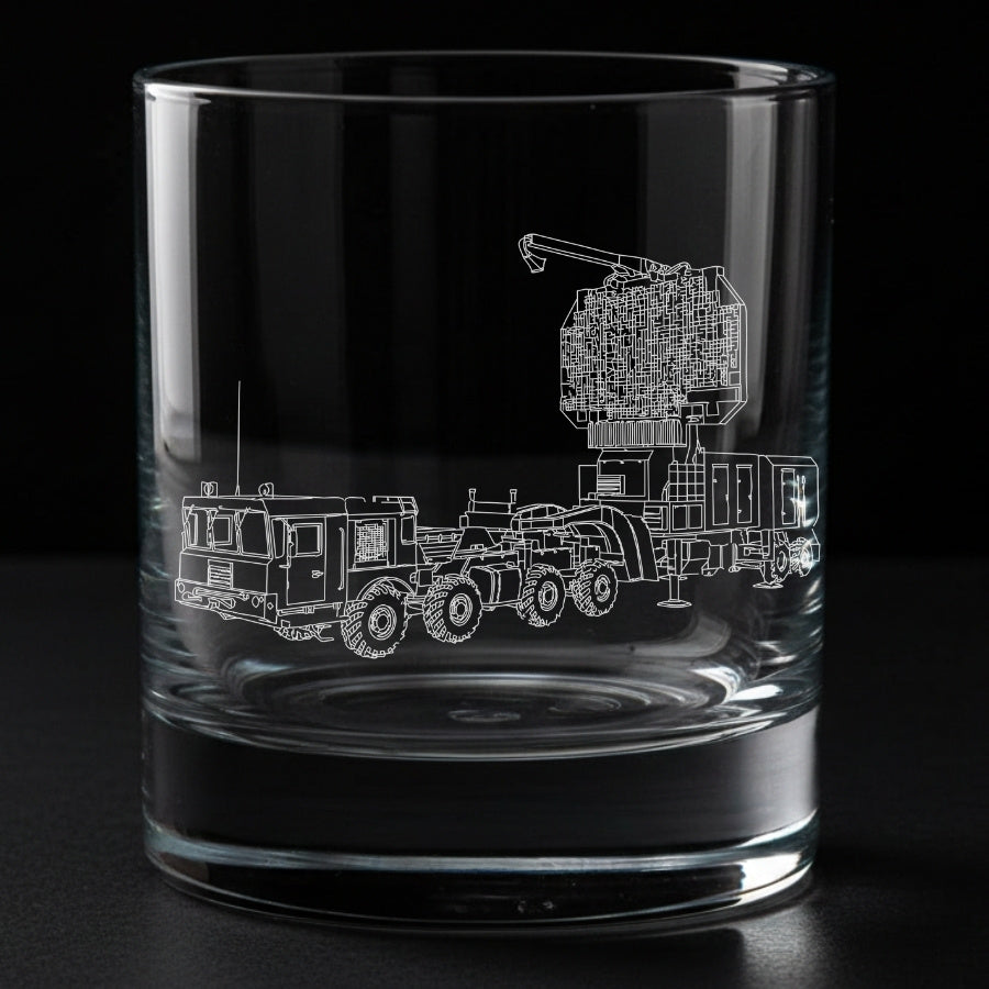 Clear glass tumbler with a detailed laser engraving of a s400 91n6e radar on a black background
