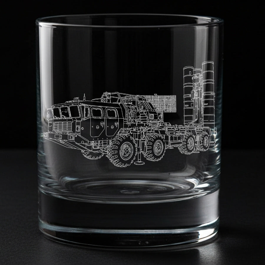 Clear glass tumbler with a detailed mechanical drawing of a s400 launcher on a black background
