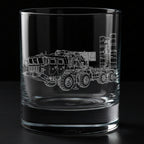 Clear glass tumbler with a detailed mechanical drawing of a s400 launcher on a black background