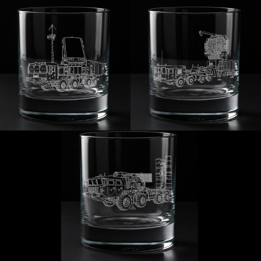 A set of 3 glass tumblers with engraved s400 air defence system designs on a black background