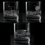 A set of 3 glass tumblers with engraved s400 air defence system designs on a black background