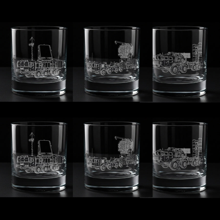 Set of six glass tumblers with engraved s400 air defence system designs on a black background