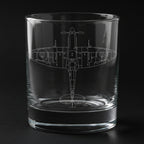 spitfire aircraft engraved on a glass with a black background