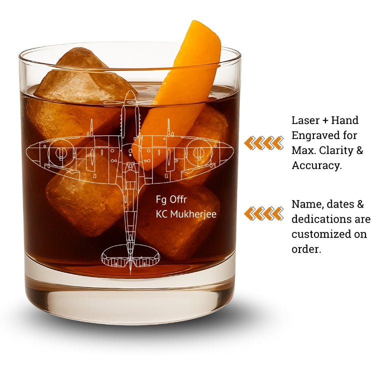 Glass of iced drink with a vintage spitfire engraving and customized name and dedications on order.