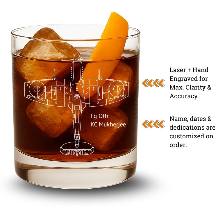Glass of iced drink with spitfire 14 airplane engraving and custom text 