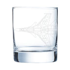 Clear glass tumbler with an sukhoi su-30 etching on a white background