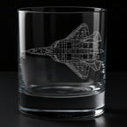 A glass engraved with a sukhoi su-57 aircraft on a black background