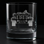Clear glass tumbler with a detailed mechanical drawing of a rear of a t72 tank on a black background