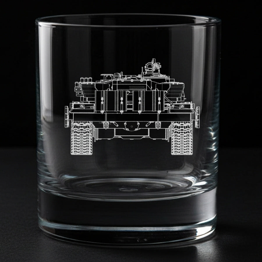 Clear glass tumbler with a detailed mechanical drawing of a rear of a t72 tank on a black background