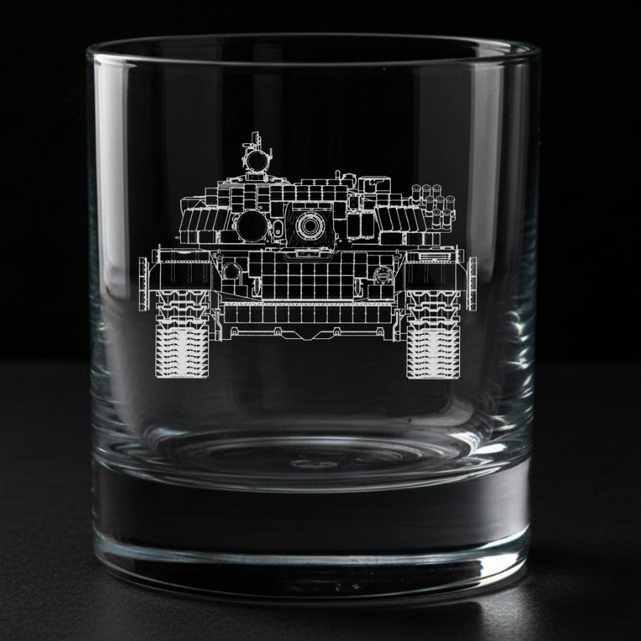 Clear glass tumbler with a front of a t72 tank engraving on a black background