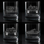Four clear glass tumblers with engraved t72 tank all views designs on a black background