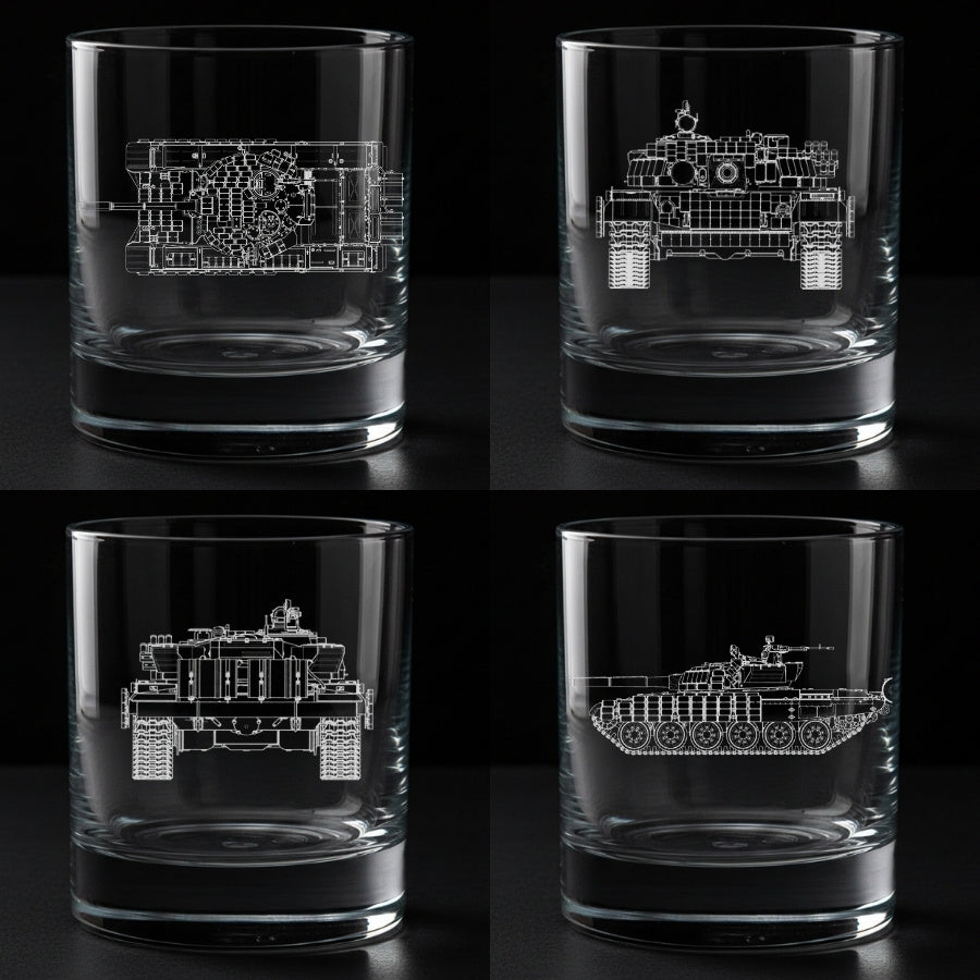 Four clear glass tumblers with engraved t72 tank all views designs on a black background