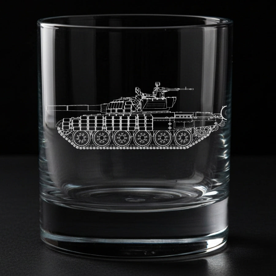 Clear glass tumbler with a side of a t72 tank design etched on it against a black background