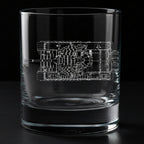 Clear glass tumbler with an engraved top view of a t72 tank blueprint on a black background