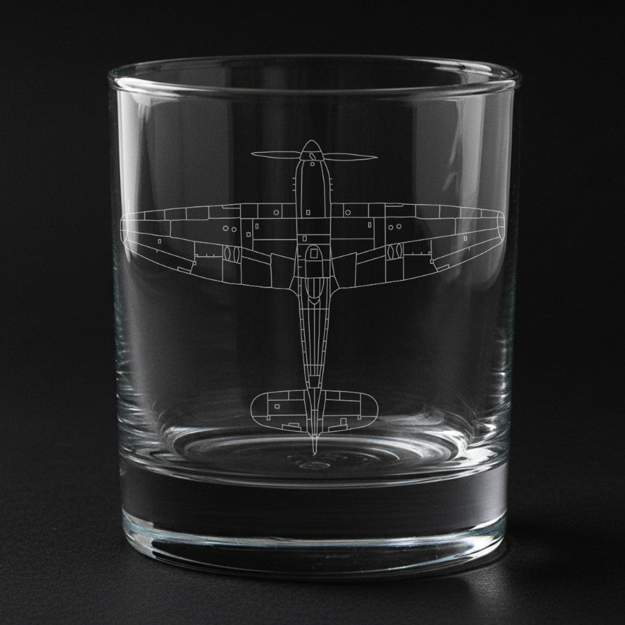 tempest aircraft engraved on a glass with a black background