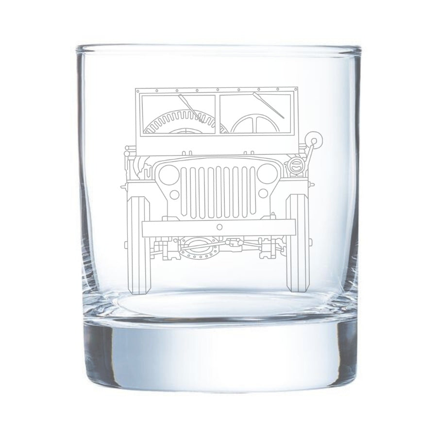Clear glass tumbler with a white line drawing of a vintage jeep on a white background
