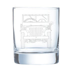 Clear glass tumbler with a white line drawing of a vintage jeep on a white background